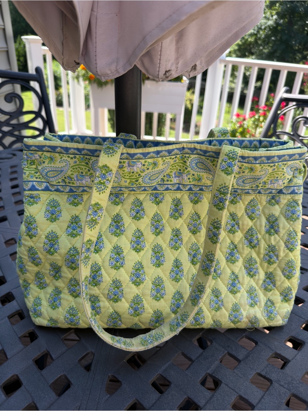 Vera Bradley Quilted Tote in Lime Green with Blue Paisley